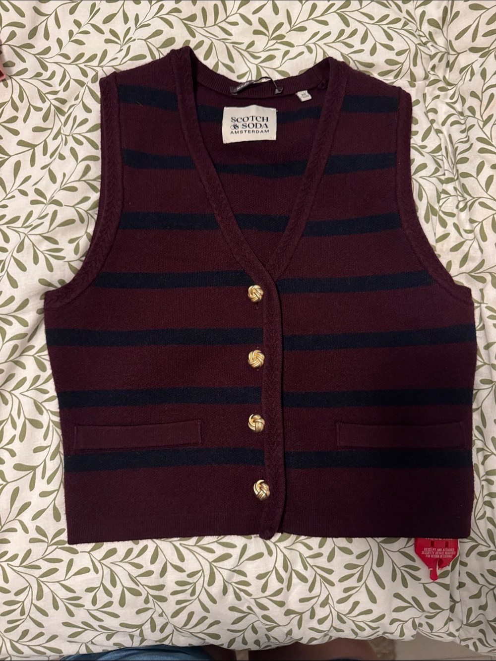 Scotch & Soda Burgundy and Navy Striped Knit Vest with Gold Buttons